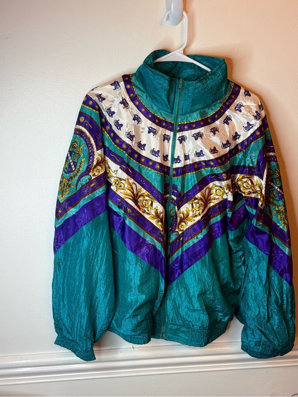 Vintage Teal, Purple & Gold Patterned Bomber Jacket